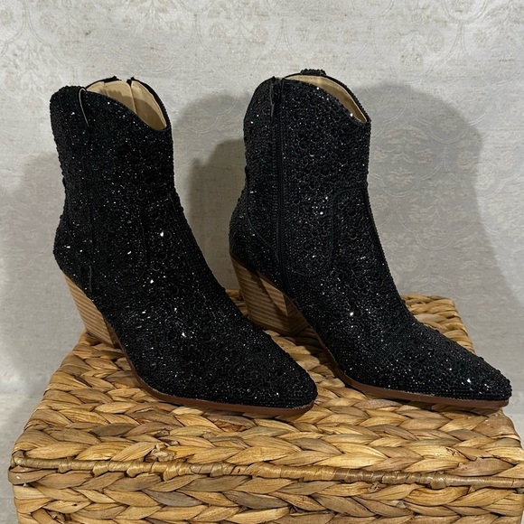 Betsey Johnson SB-Diva Black Rhinestone Cowboy Boots Size 6M (New) - Picture 3 of 8